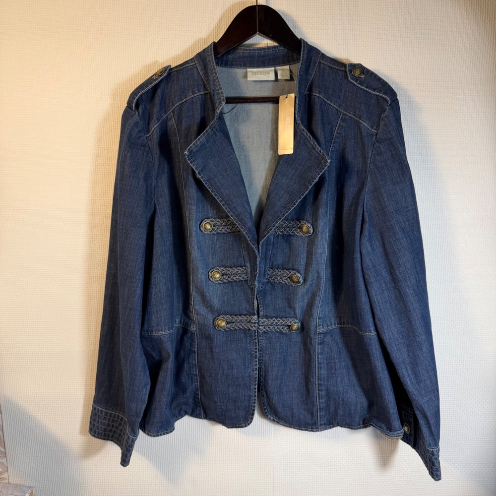 Chicos Denim Military Size 4 Jacket Blue Frog Closure Gold Crest Button NWT XL